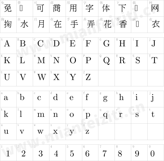 台灣cwTeX Q Ming.ttf的字体映射预览图
