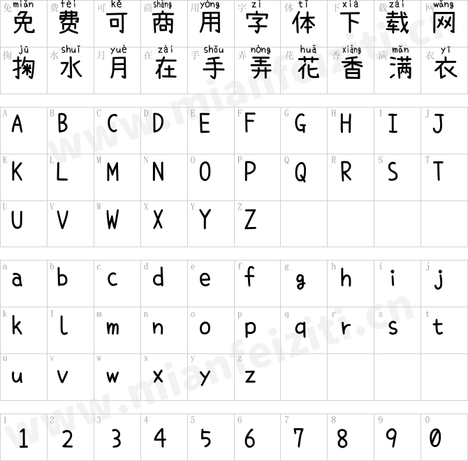 萌神手写体拼音字体Mengshen-Handwritten.ttf的字体映射预览图