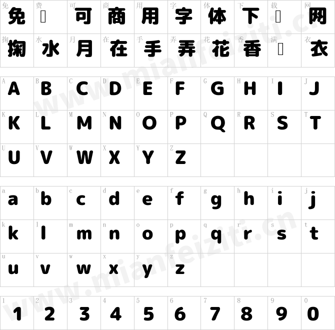 日文字体Rounded-X Mgen  1p black.ttf的字体映射预览图