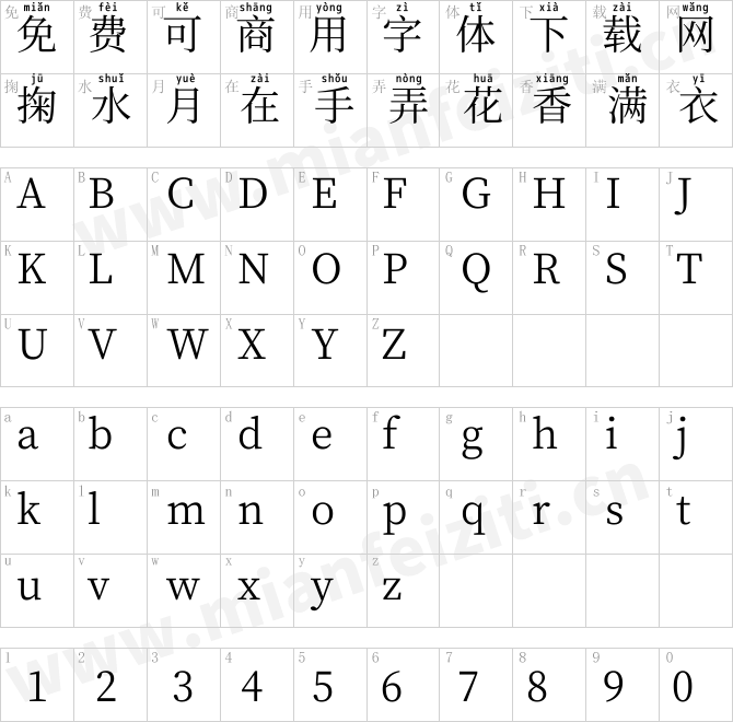 萌神拼音字体Mengshen-Regular.ttf的字体映射预览图