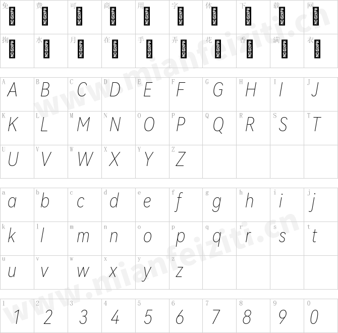 HarmonyOS_Sans_Condensed_Thin_Italic.ttf的字体映射预览图