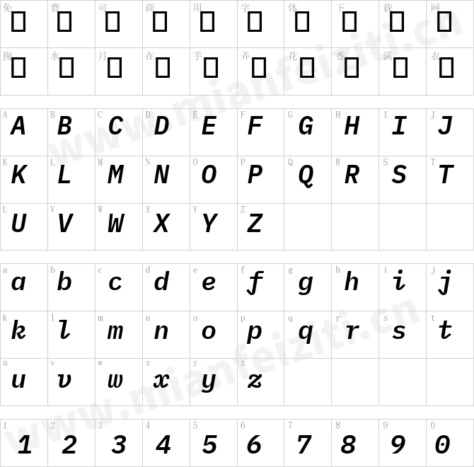 IBMPlexMono-SemiBoldItalic.ttf的字体映射预览图