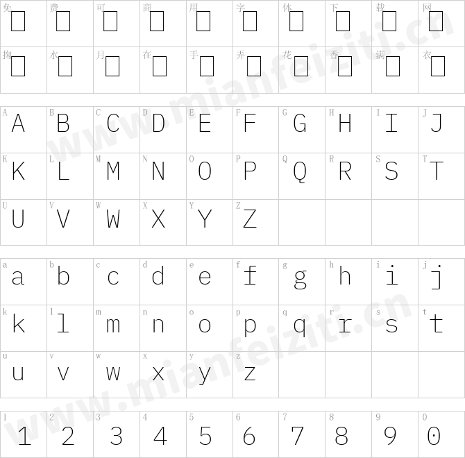 IBMPlexMono-ExtraLight.ttf的字体映射预览图