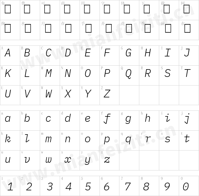 IBMPlexMono-LightItalic.ttf的字体映射预览图