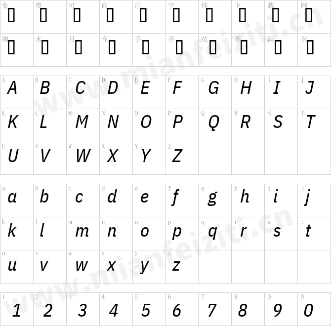 IBMPlexSansCondensed-TextItalic.ttf的字体映射预览图