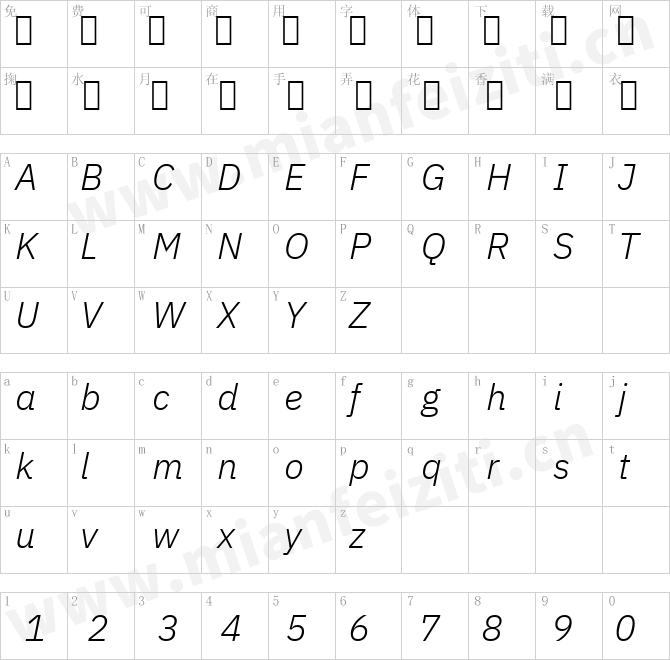 IBMPlexSans-LightItalic.ttf的字体映射预览图
